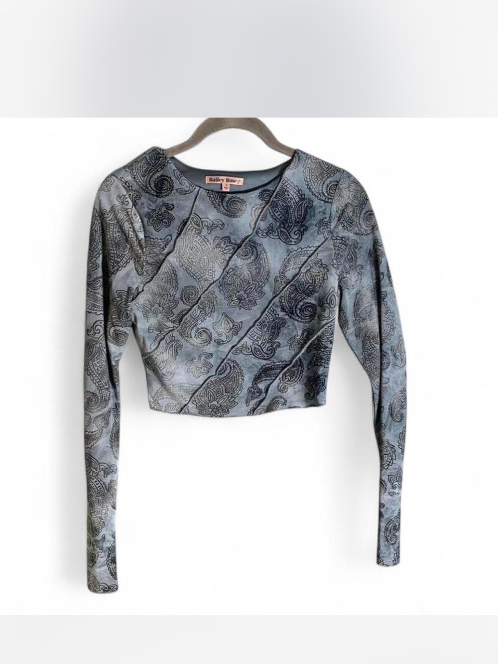 Whimsigoth Fairy Glam Bailey Rose Blue Paisley  Long Sleeve Crop Top size S